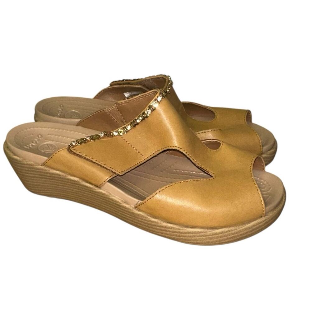 Crocs Gold Wedge Sandals Women's Size 9 Rhinestone Comfort Slides Metallic‎